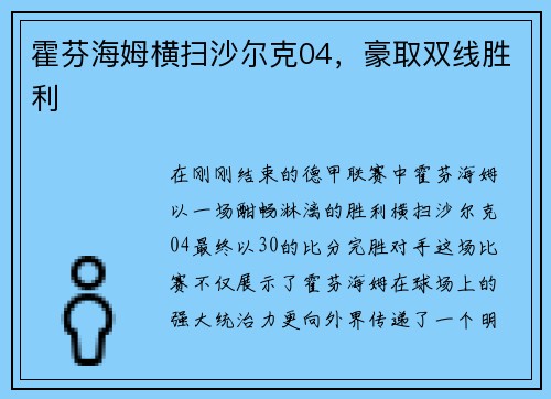 霍芬海姆横扫沙尔克04，豪取双线胜利
